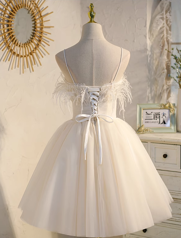 Charming White Soft Feather Design Elegant Mesh Spaghetti Strap Homecoming Dress TP3486
