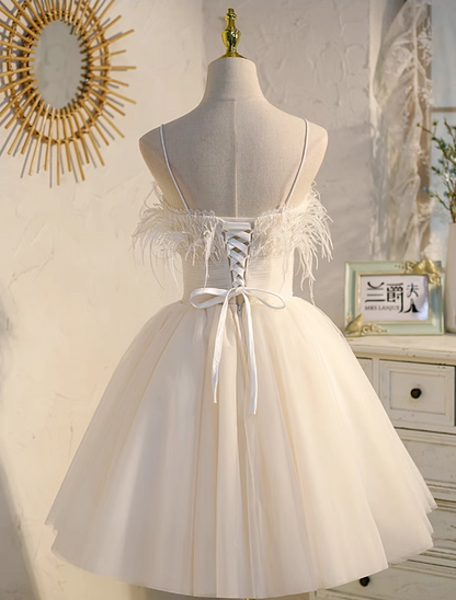 Charming White Soft Feather Design Elegant Mesh Spaghetti Strap Homecoming Dress TP3486