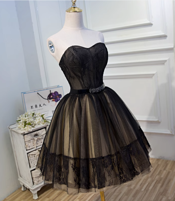 Charming Black Floral Embroidery Design Elegant Mesh Spaghetti Strap Homecoming Dress TP3487
