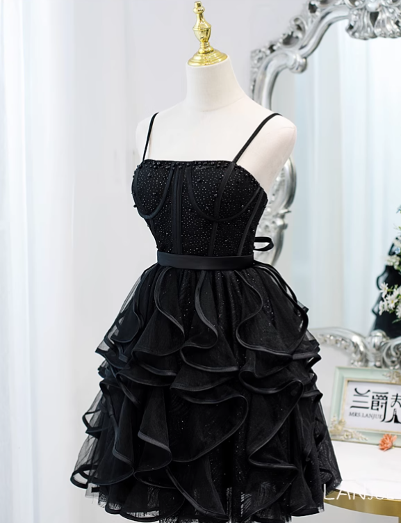 Charming Black Beaded Design Elegant Mesh Spaghetti Strap Tiered Homecoming Dress TP3488