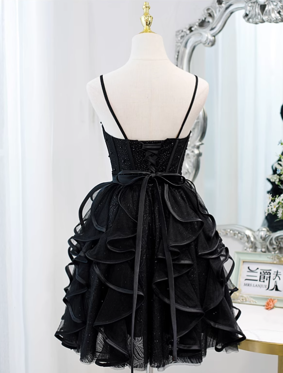 Charming Black Beaded Design Elegant Mesh Spaghetti Strap Tiered Homecoming Dress TP3488