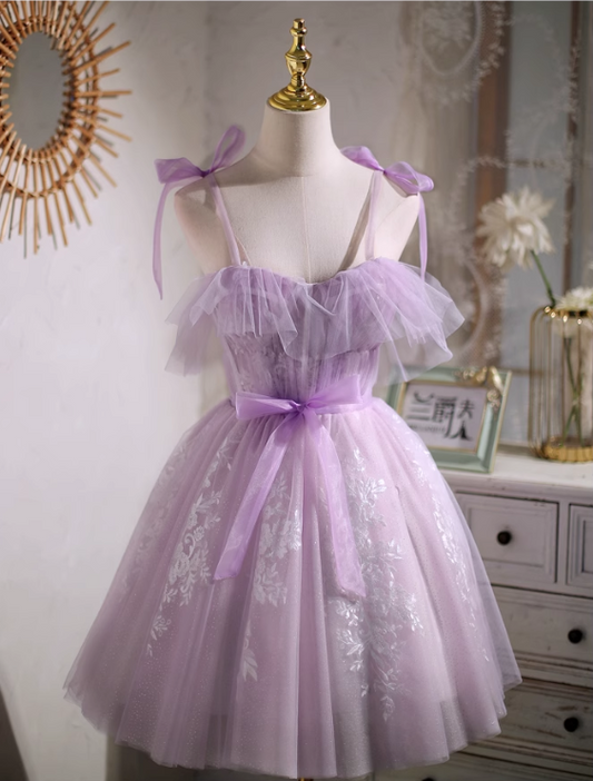 New Fashion Purple Waistline Design Elegant Mesh Spaghetti Strap Homecoming Dress TP3490