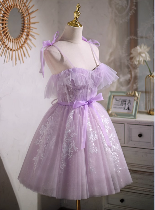 New Fashion Purple Waistline Design Elegant Mesh Spaghetti Strap Homecoming Dress TP3490