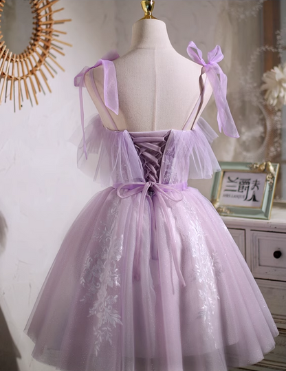 New Fashion Purple Waistline Design Elegant Mesh Spaghetti Strap Homecoming Dress TP3490