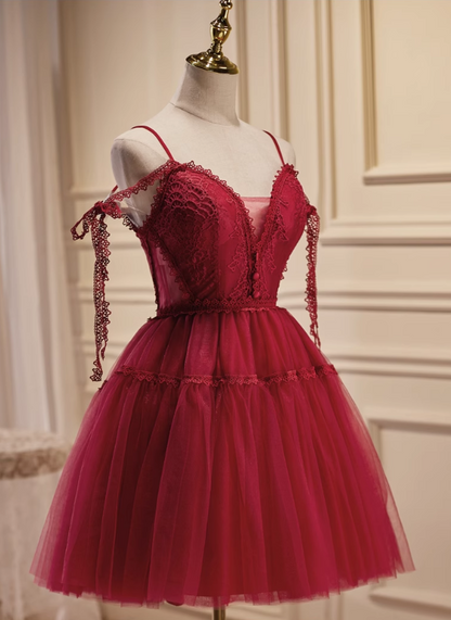 New Fashion Wine Red Lace Design Elegant Mesh Spaghetti Strap Homecoming Dress TP3491