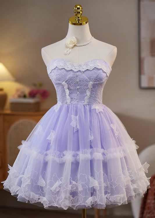 Vintage Violet Lace Design Elegant Mesh Sleeveless Strapless Homecoming Dress TP3492