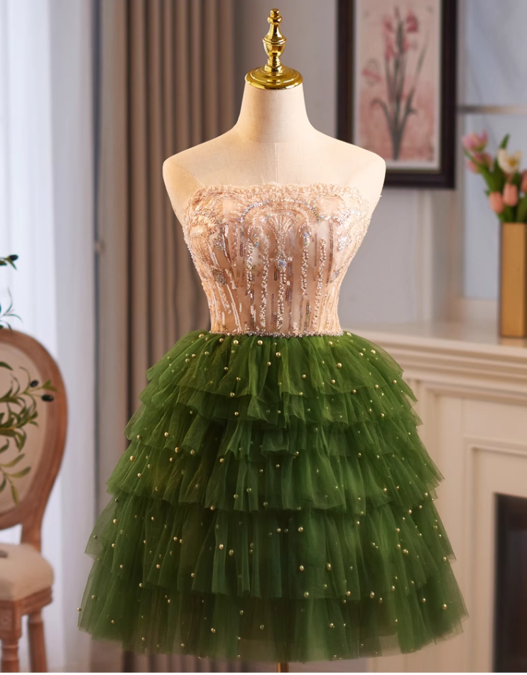 Vintage Sequined Beaded Design Elegant Mesh Sleeveless Strapless Homecoming Dress TP3493