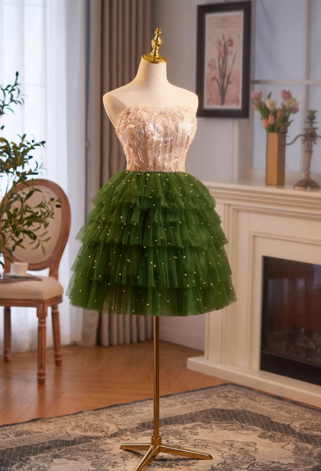 Vintage Sequined Beaded Design Elegant Mesh Sleeveless Strapless Homecoming Dress TP3493