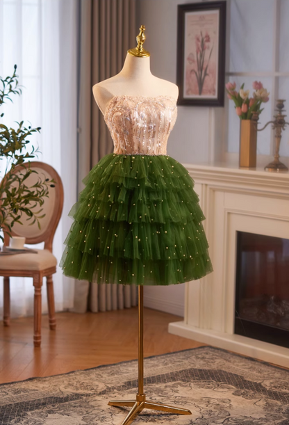 Vintage Sequined Beaded Design Elegant Mesh Sleeveless Strapless Homecoming Dress TP3493