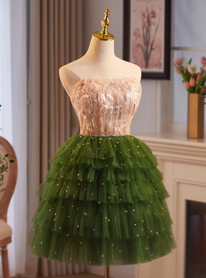 Vintage Sequined Beaded Design Elegant Mesh Sleeveless Strapless Homecoming Dress TP3493