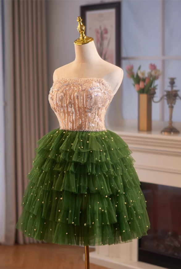 Vintage Sequined Beaded Design Elegant Mesh Sleeveless Strapless Homecoming Dress TP3493