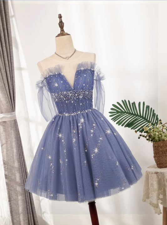 Fashion Violet Sequined Design Elegant Mesh V-neck Sleeveless Strapless Homecoming Dress TP3494