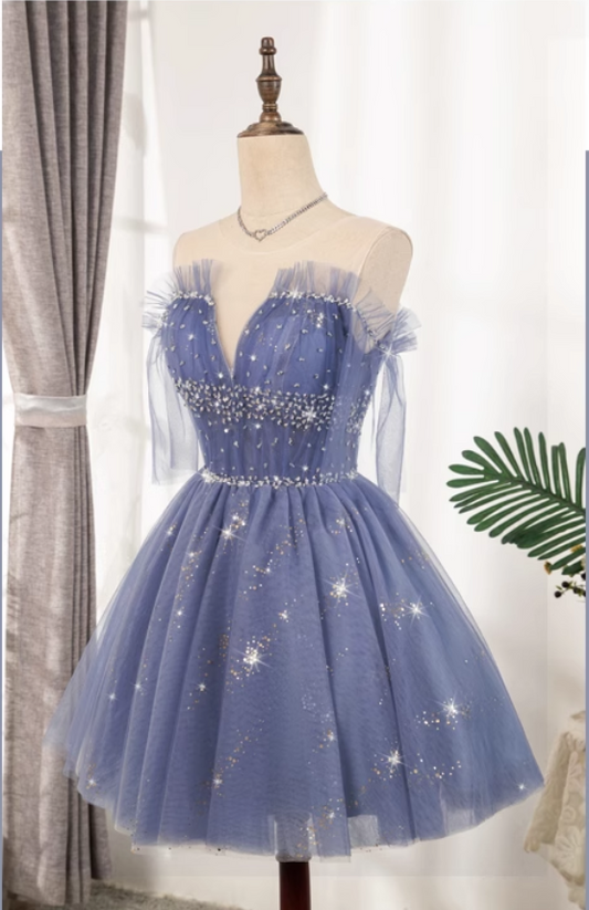 Fashion Violet Sequined Design Elegant Mesh V-neck Sleeveless Strapless Homecoming Dress TP3494
