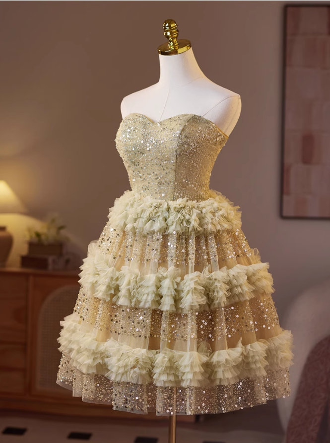 Vintage Sequined Design Elegant Mesh Sleeveless Strapless Tiered Homecoming Dress TP3495