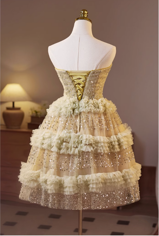 Vintage Sequined Design Elegant Mesh Sleeveless Strapless Tiered Homecoming Dress TP3495