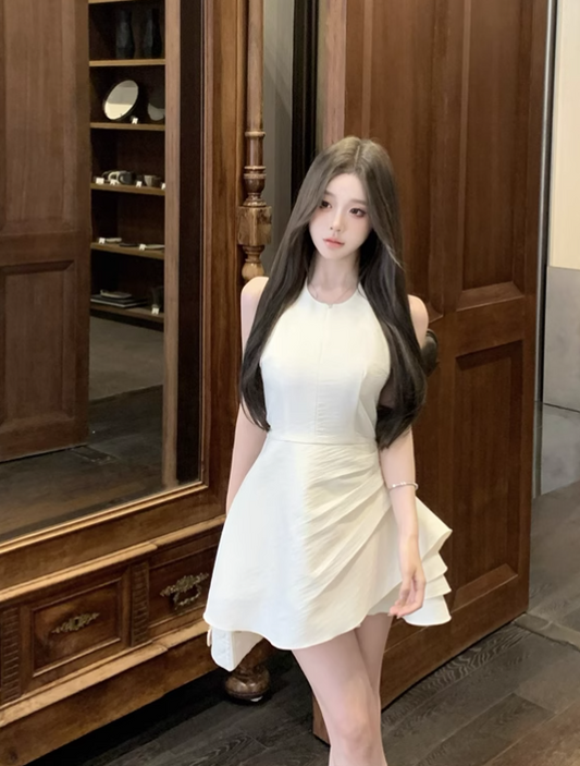 Fashion White Satin Irregular Ruffled Hem Design A-line Halter Homecoming Dress TP3690