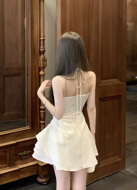 Fashion White Satin Irregular Ruffled Hem Design A-line Halter Homecoming Dress TP3690