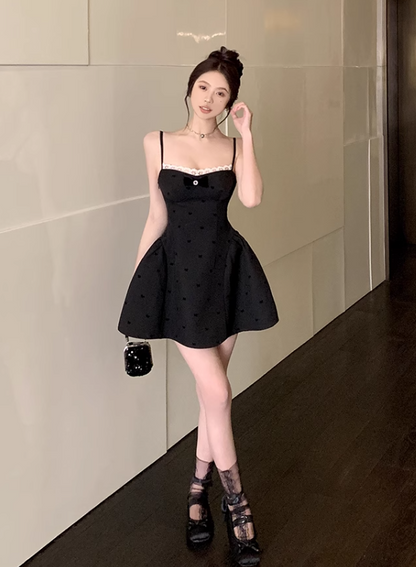 Vestido de fiesta de encaje con escote en A, tirantes finos, espalda descubierta y lazo, color negro, TP3692