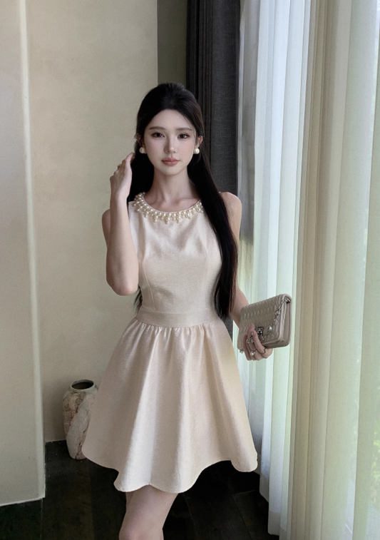 Fashion Beige Sleeveless Pearl Beading Design A-line Homecoming Dress TP3693