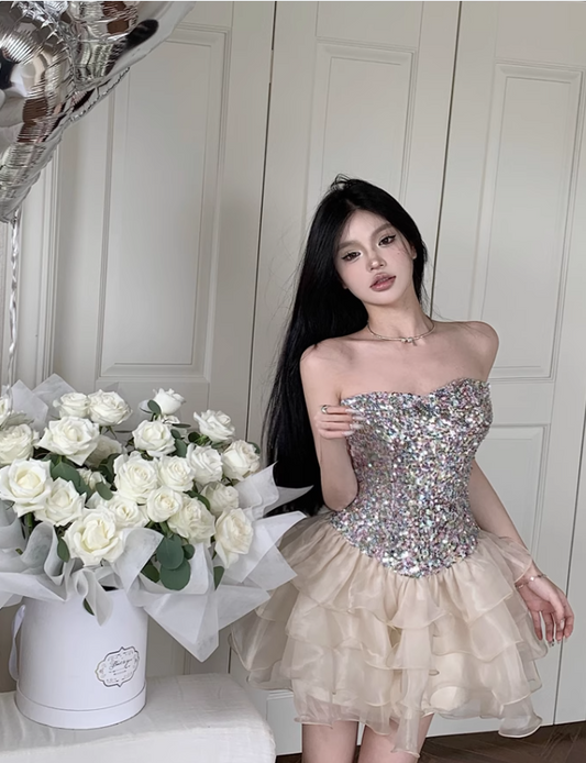 Fashion Sparkly Sequin Tulle Design A-line Strapless Tiered Homecoming Dress TP3694