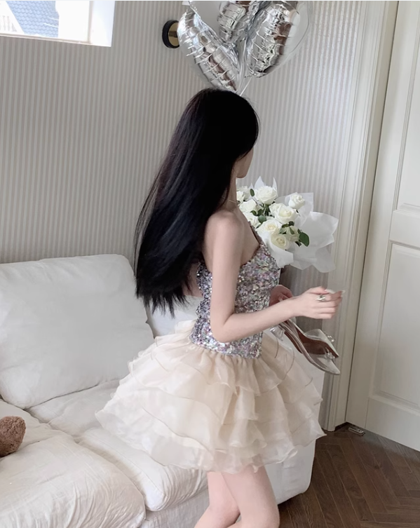 Fashion Sparkly Sequin Tulle Design A-line Strapless Tiered Homecoming Dress TP3694
