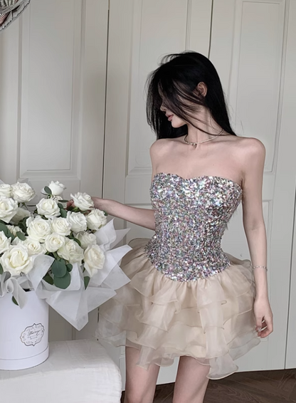 Fashion Sparkly Sequin Tulle Design A-line Strapless Tiered Homecoming Dress TP3694