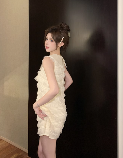 Vestido de fiesta de moda beige con lazo y encaje, corte A, sin mangas y sin tirantes, TP3698