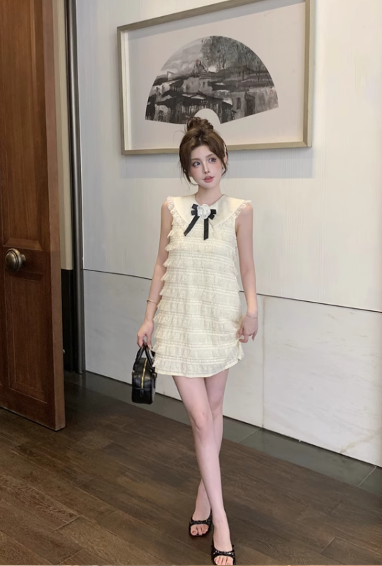 Vestido de fiesta de moda beige con lazo y encaje, corte A, sin mangas y sin tirantes, TP3698