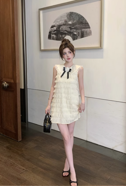 Vestido de fiesta de moda beige con lazo y encaje, corte A, sin mangas y sin tirantes, TP3698