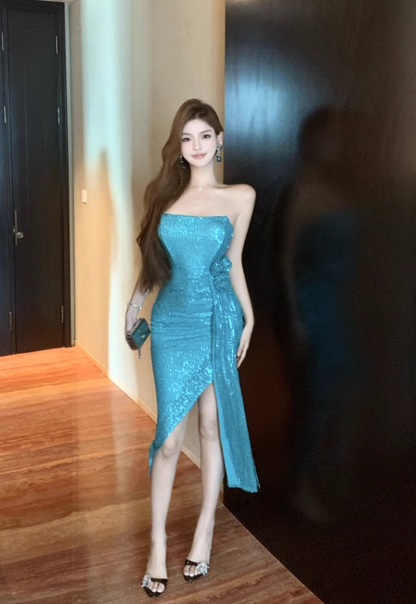 Vestido de fiesta azul con lentejuelas y abertura, corte A, sin mangas y sin tirantes, TP3708