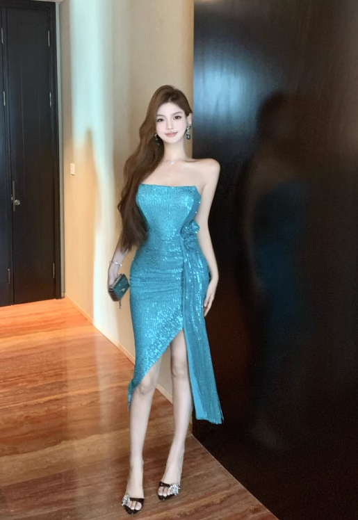 Fashion Blue Sequin Split Dress Design A-line Sleeveless Strapless Homecoming Dress TP3708