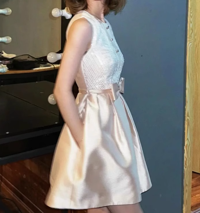 Beautiful Champagne Satin Lace Bow Design A-line Sleeveless Homecoming Dress TP3772