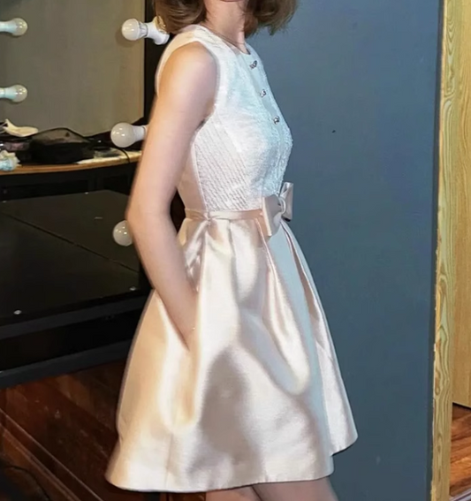 Beautiful Champagne Satin Lace Bow Design A-line Sleeveless Homecoming Dress TP3772
