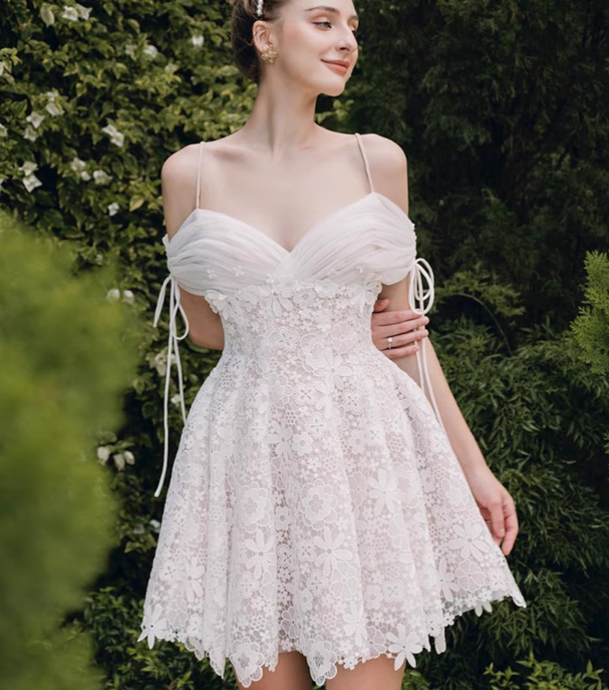 Vintage White Spaghetti Strap Appliqued A-line Party Dresses Homecoming Dresses, TP3797