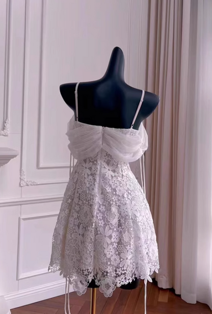 Vintage White Spaghetti Strap Appliqued A-line Party Dresses Homecoming Dresses, TP3797