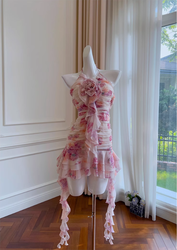 Sweet Floral Ruffled Hem Design A-line Halter Party Dresses Homecoming Dresses, TP3800