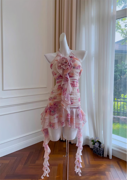 Sweet Floral Ruffled Hem Design A-line Halter Party Dresses Homecoming Dresses, TP3800