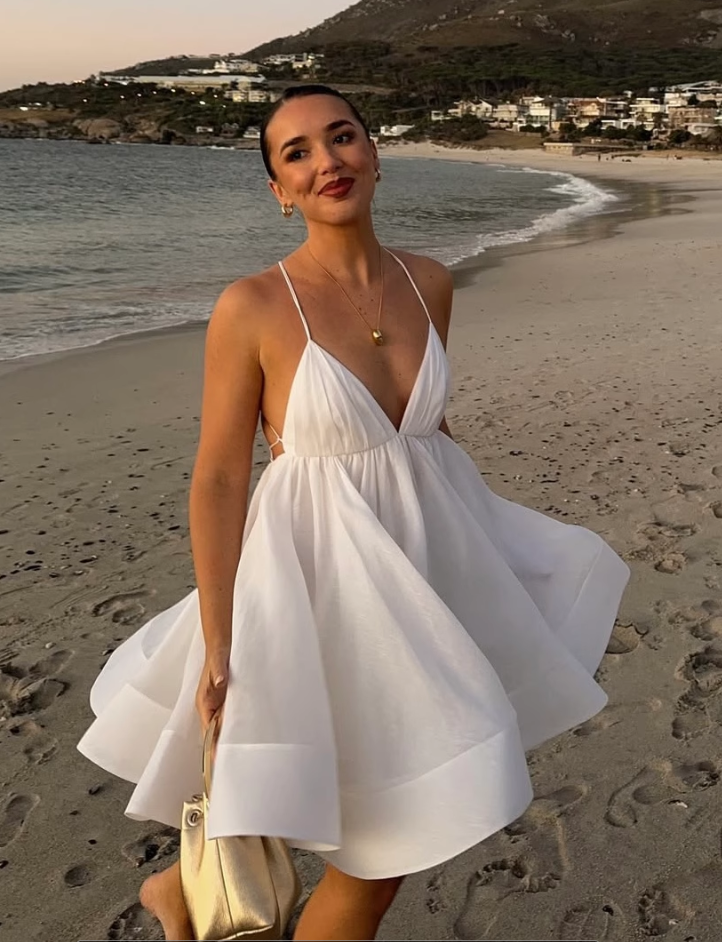 Vestido de fiesta blanco de moda con escote en V y tirantes finos, corte A, para regreso a casa, TP3903