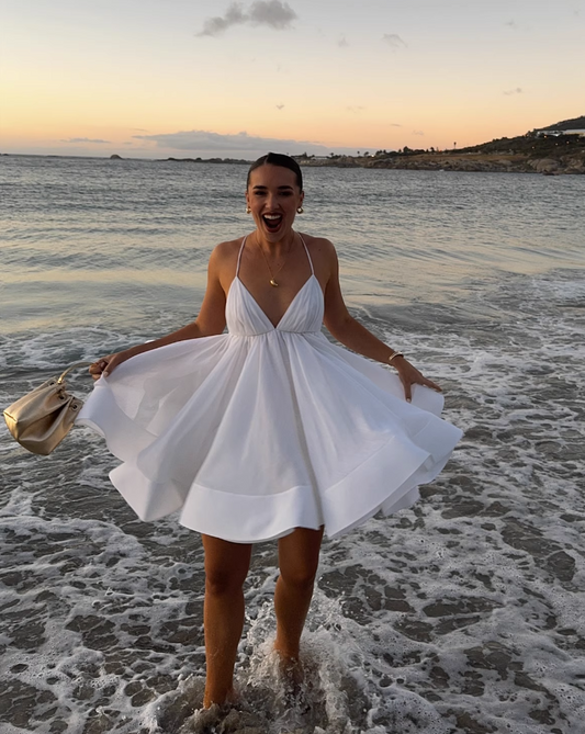 Fashion White V-neck Design A-line Spaghetti Strap Party Dress Homecoming Dress TP3903