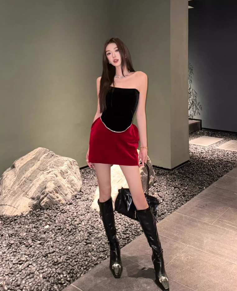 Vestido de fiesta sin tirantes, corte A, diseño patchwork rojo y negro, TP3910