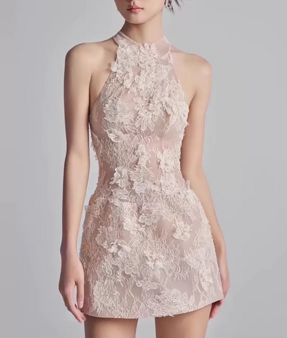 Vestido corto vintage beige con apliques y corte tubo para fiesta de bienvenida TP3936