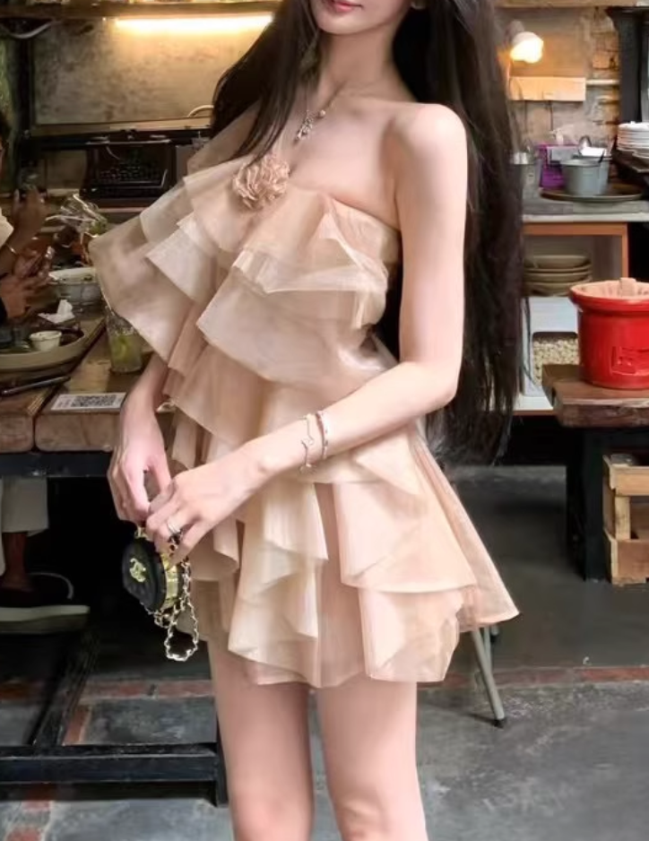 Vestido de fiesta corto de tul con diseño floral 3D color champán retro, corte A, para regreso a casa, TP3942