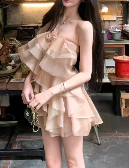 Retro Champagne 3D Flower Design Tulle Design A-line Short Party Dress Homecoming Dresses TP3942