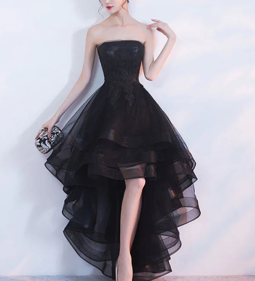 Vintage Black Strapless Ruffled Hem Design A-line Tulle Party Dress Homecoming Dress TP4060