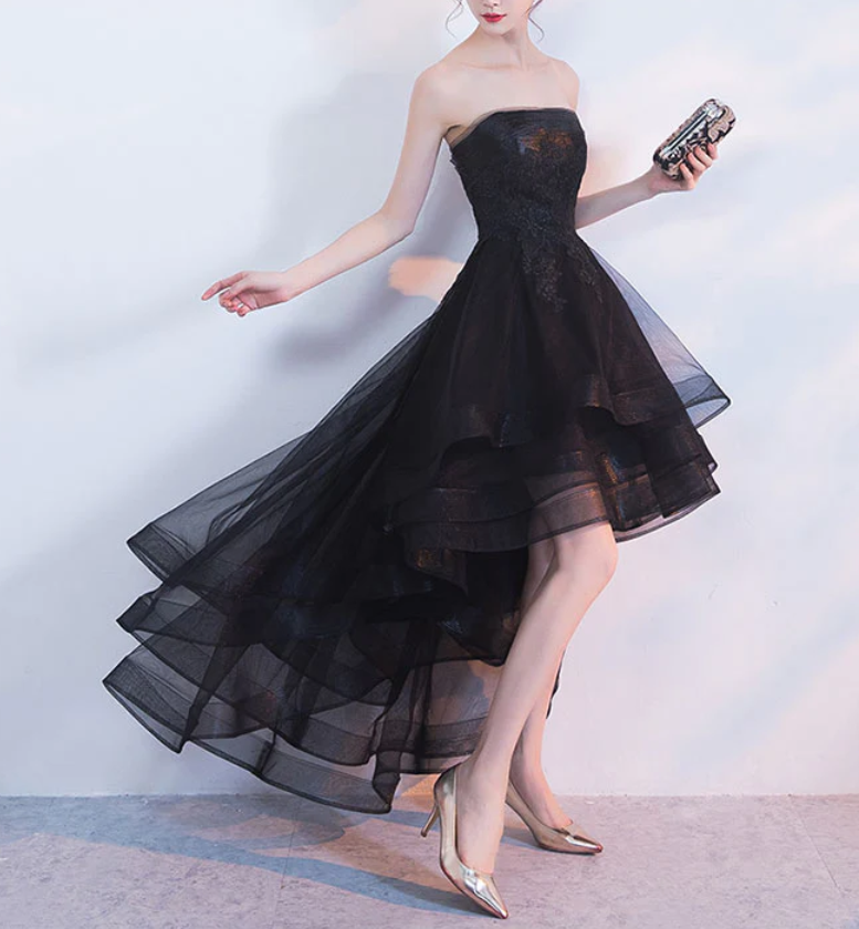 Vintage Black Strapless Ruffled Hem Design A-line Tulle Party Dress Homecoming Dress TP4060