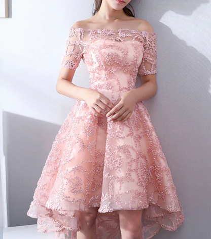Vestido de fiesta vintage de tul con apliques rosas y hombros descubiertos, corte A, para regreso a casa, TP4064