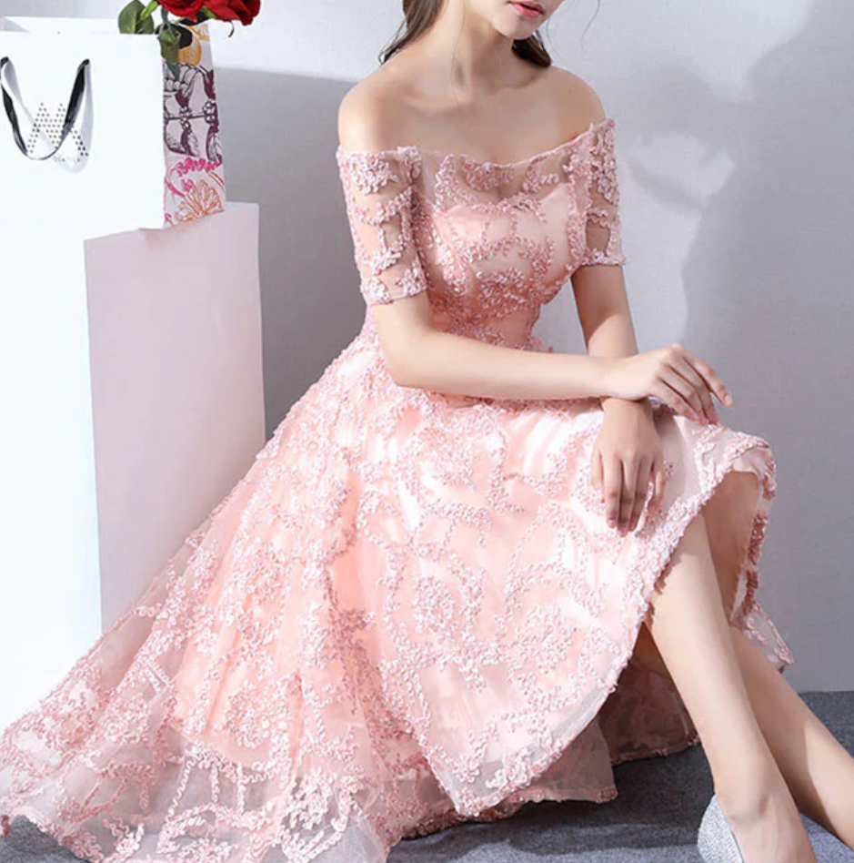 Vestido de fiesta vintage de tul con apliques rosas y hombros descubiertos, corte A, para regreso a casa, TP4064