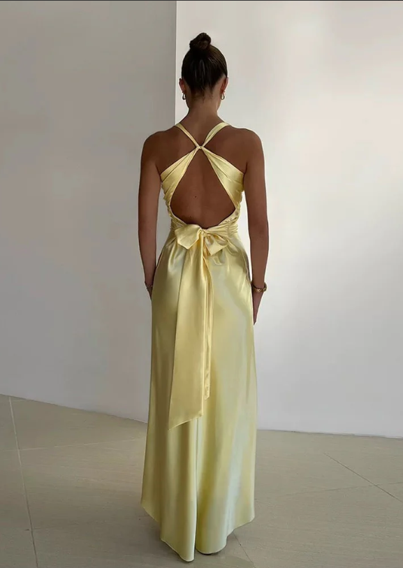 Vestido de fiesta vintage de satén con escote en V, vestido de noche largo, vestido formal sin espalda TP4590