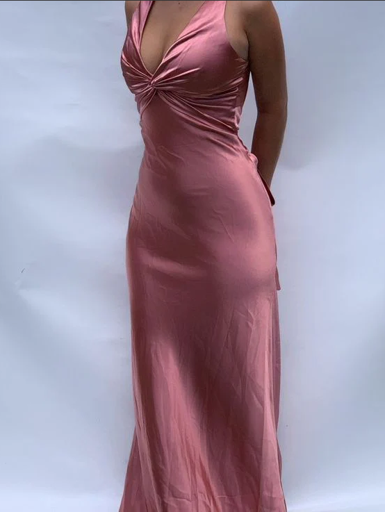 Vestido de fiesta vintage de satén con escote en V, vestido de noche largo, vestido formal sin espalda TP4590