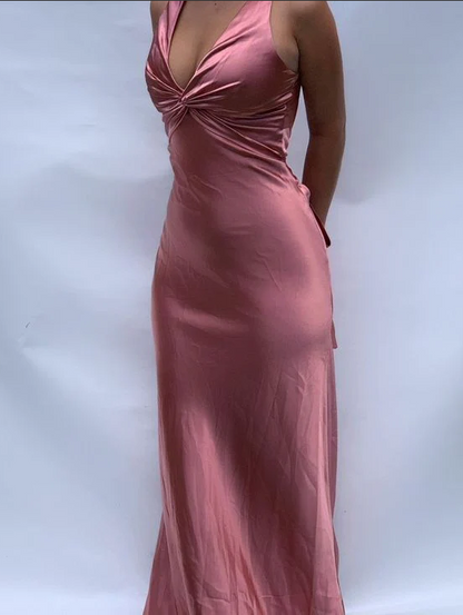 Vestido de fiesta vintage de satén con escote en V, vestido de noche largo, vestido formal sin espalda TP4590